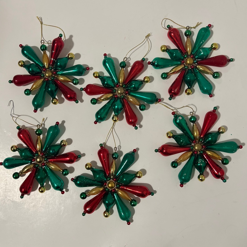 Vintage Style Christmas Starburst Ornaments Red Green Gold Beaded Set of 6 MCM